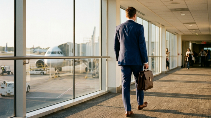 Executivo embarcando por corredor de aeroporto