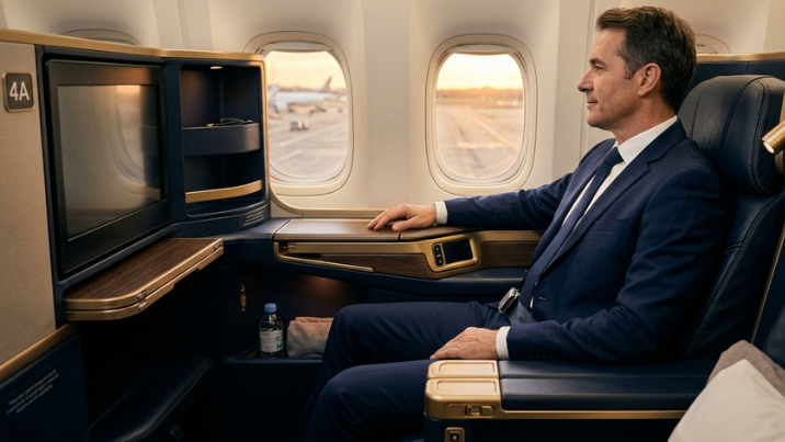 Passageiro instalado na cabine executiva do avião