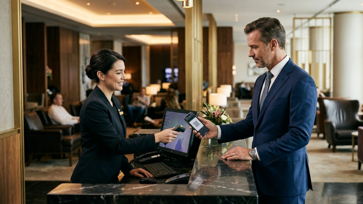 Recepção de lounge com verificação por QR code
