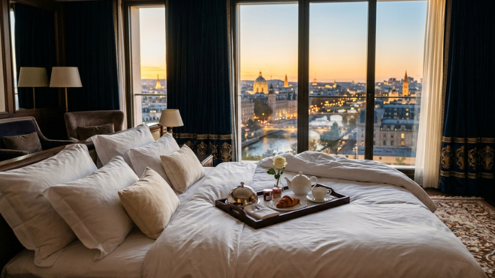 Suíte de hotel de luxo vista da cama
